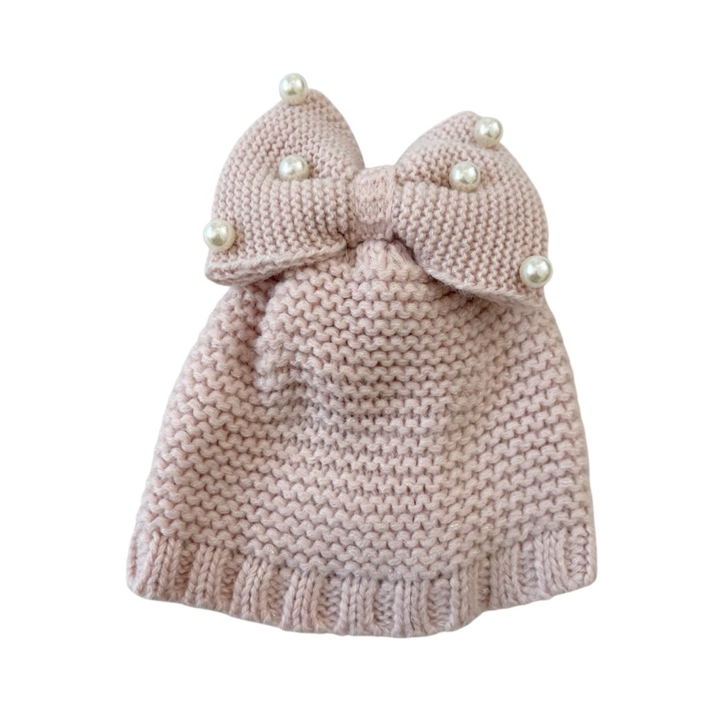 Laura Ashley Soft Knitted Pearl Embellished Bow Pink Hat